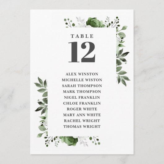 Olijfgroene bloemige tafelnummer zitplaatskaart (Voorkant)