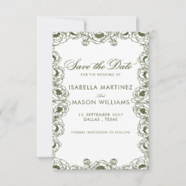 olijfgroene bloemige tuin save the date kaart