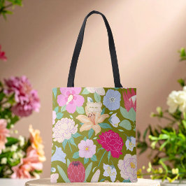 Olijfgroene bloemrijke chic trendy uniek tote bag