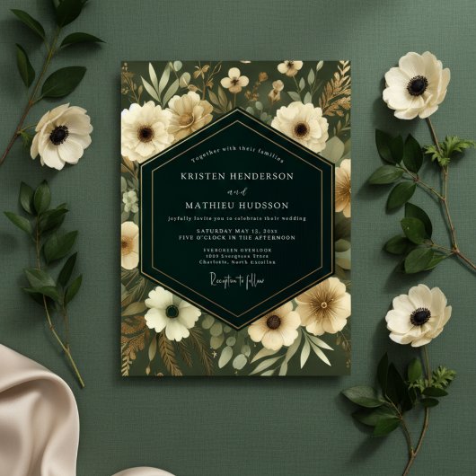 Olijfgroene Bloemrijke Whimsical Bruiloft Kaart
