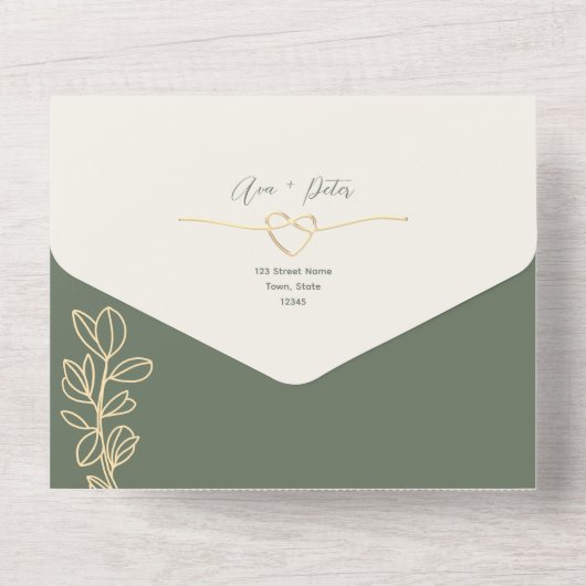 Olijfgroene botanische bruiloft all in one uitnodiging (Achterkant)