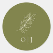 Olijfgroene botanische monogram bruiloft ronde sticker (Voorkant)