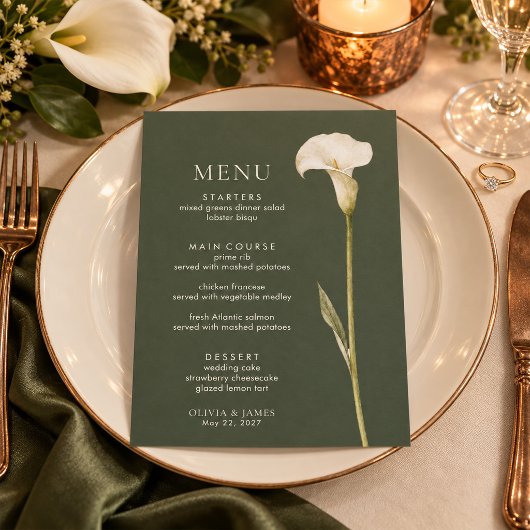 Olijfgroene Calla Lelie Trouwmenu Menu