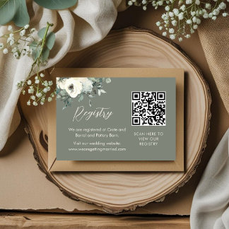 Olijfgroene chic bloemencode QR trouwcadeauregiste Informatiekaartje