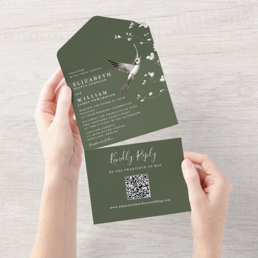 Olijfgroene Chinoiserie Bloemencode QR Wedding All In One Uitnodiging (Afscheurbaar)