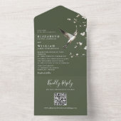 Olijfgroene Chinoiserie Bloemencode QR Wedding All In One Uitnodiging (Binnen)