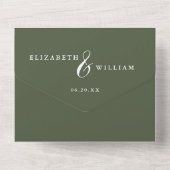 Olijfgroene Chinoiserie Bloemencode QR Wedding All In One Uitnodiging (Achterkant)