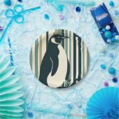 Olijfgroene crème Pinguïn Illustratiebos Papieren Bordje (Feest)