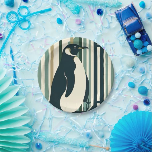 Olijfgroene crème Pinguïn Illustratiebos Papieren Bordje (Feest)