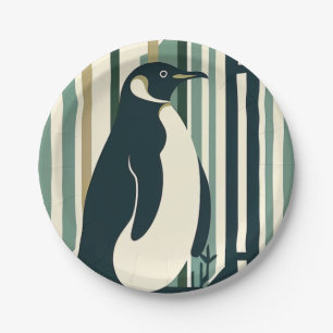 Olijfgroene crème Pinguïn Illustratiebos Papieren Bordje