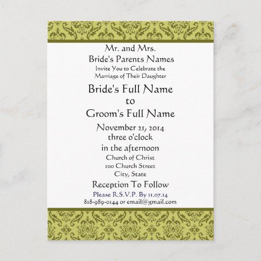 Olijfgroene damast op witte bruiloft uitnodiging briefkaart (Voorkant)