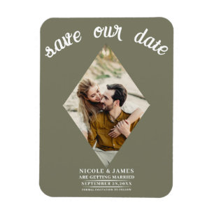 Olijfgroene diamant foto bruiloft save the date magneet