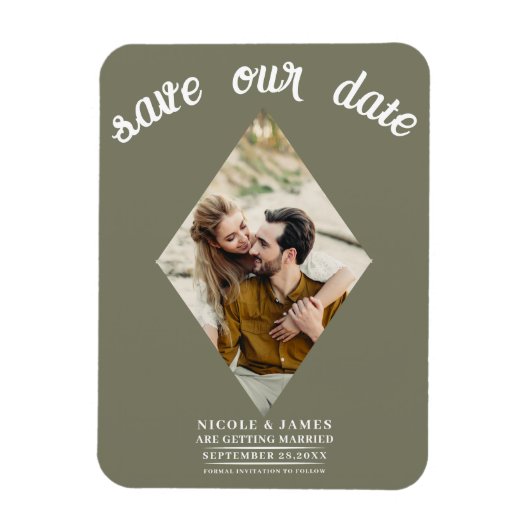 Olijfgroene diamant foto trouw save the date magneet (Verticaal)