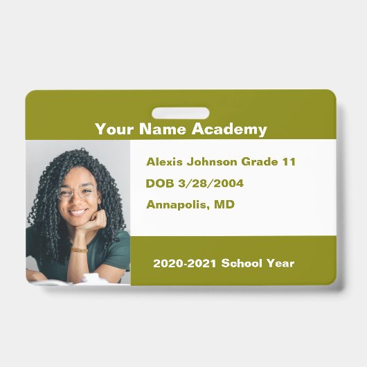 Olijfgroene Doe-Het-Zelf Aangepaste Homeschool-fot Badge (Voorzijde)