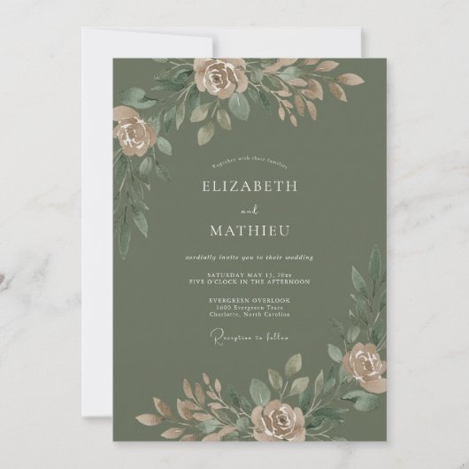 Olijfgroene Elegante Botanische Bruiloft Kaart (Voorkant)