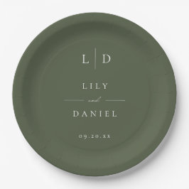Olijfgroene Elegante Minimalistische Monogram Brui Papieren Bordje