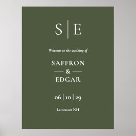 Olijfgroene Elegante Monogram Huwelijks Welkomstbo Poster