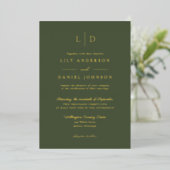 Olijfgroene Elegante Monogram QR Code Trouw Goud Folie Uitnodiging (Staand Voorkant)