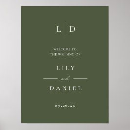Olijfgroene Elegante Monogram Trouw Welkomstbord Poster