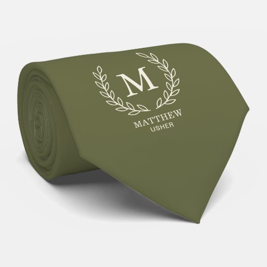 Olijfgroene Elegante Trouwusher Lauwer Monogram Stropdas (Opgerold)
