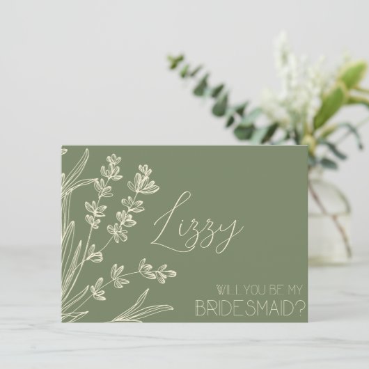 Olijfgroene en Crème Bruidsmeisje Aanzoek Kaart (Staand voorkant)