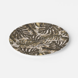 Olijfgroene en Crèmekleurige Tropische Palmbladere Papieren Bordje