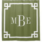 Olijfgroene en witte Griekse sleutel | monogram Douchegordijn (Voorkant)