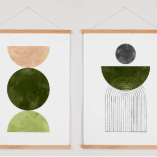 Olijfgroene geometrische vormen hangend wandkleed