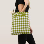Olijfgroene geruite gingham gepersonaliseerd tote bag (Dichtbij)