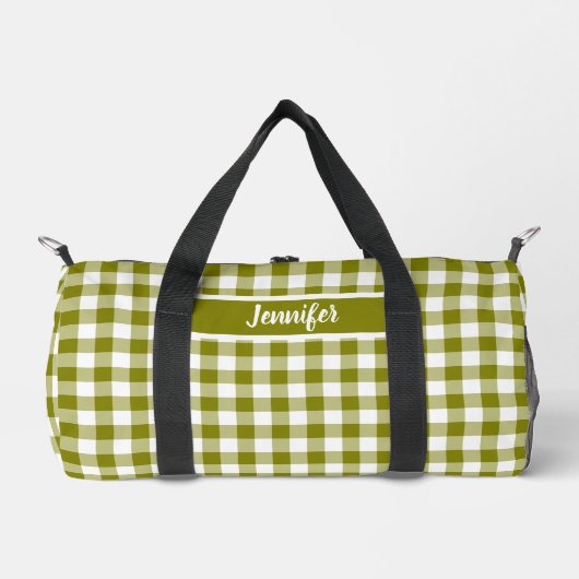 Olijfgroene geruite gingham gepersonaliseerde plunjezak (Voorkant)