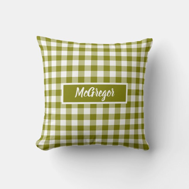 Olijfgroene geruite gingham kussen met personalisa (Voorkant)