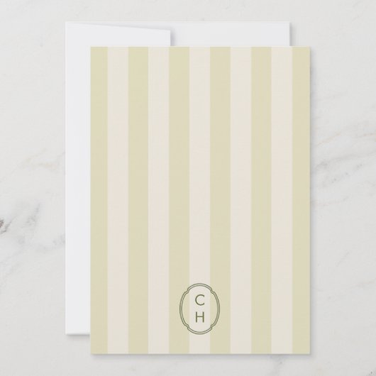 Olijfgroene gestreepte monogram trouwmenu kaart (Achterkant)