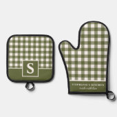Olijfgroene Gingham Schotland Geruite Monogram Ovenwant & Pannenlap Set (Voorkant)