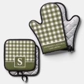 Olijfgroene Gingham Schotland Geruite Monogram Ovenwant & Pannenlap Set (Voorkant / Achterkant)