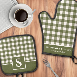Olijfgroene Gingham Schotland Geruite Monogram Ovenwant & Pannenlap Set