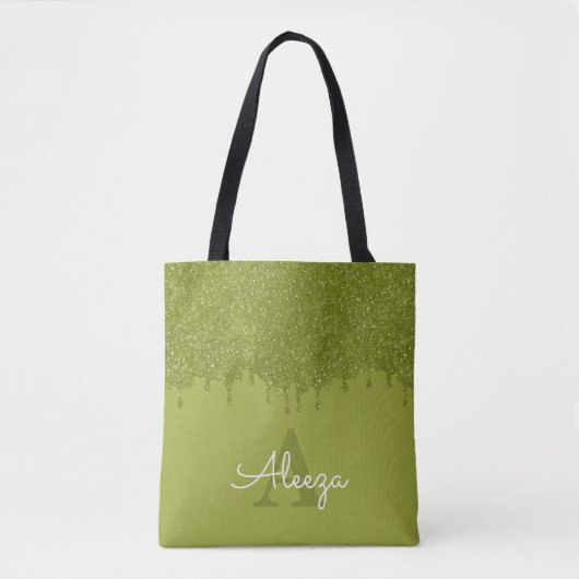 Olijfgroene Glitter Druppels Tote Bag (Voorkant)