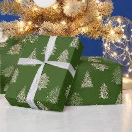 Olijfgroene glitter kerstbomen cadeaupapier