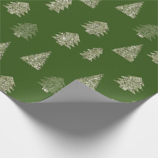 Olijfgroene glitter kerstbomen cadeaupapier (Hoek)