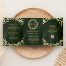 Olijfgroene gouden blad tak QR-code bruiloft