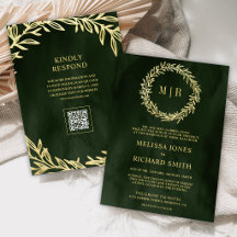 Olijfgroene gouden blad tak QR-code bruiloft