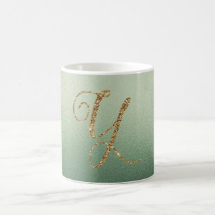 Olijfgroene gouden glitterletter Y Koffiemok