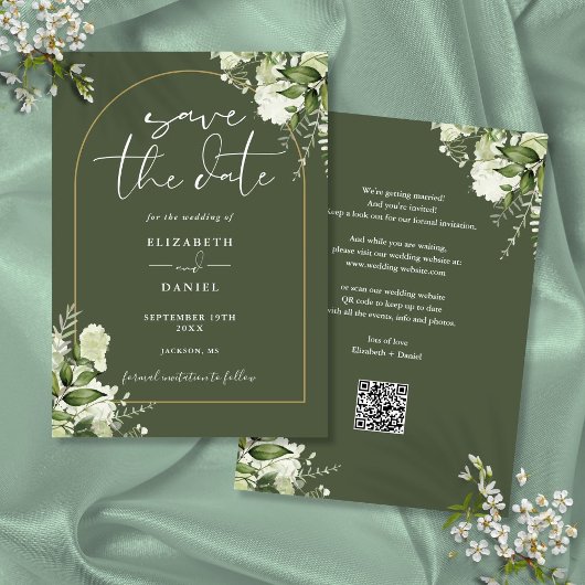 Olijfgroene groene bloemen gouden boog QR-code bru Save The Date