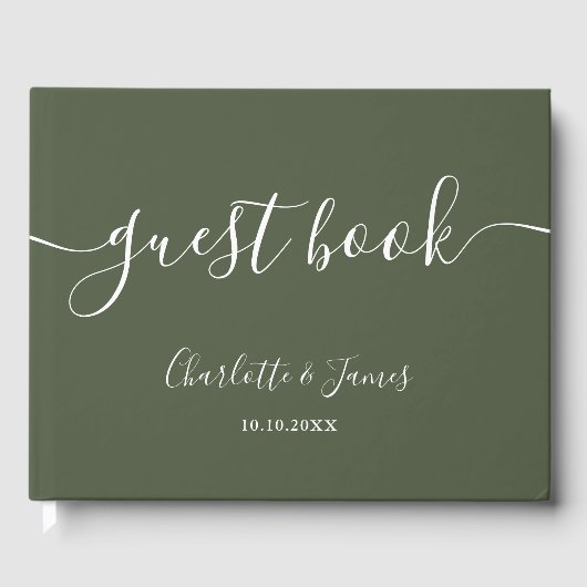 Olijfgroene handtekening script bruiloft gastenboek (Voorkant)