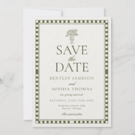 Olijfgroene Harlekijn Geruite Save the Date Kaart