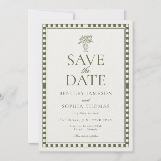 Olijfgroene Harlekijn Geruite Save the Date Kaart (Voorkant)