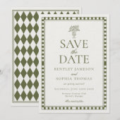 Olijfgroene Harlekijn Geruite Save the Date Kaart (Voorkant / Achterkant)