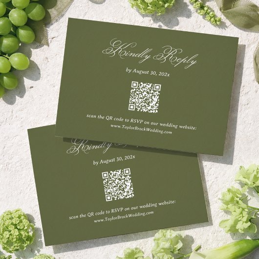 Olijfgroene Huwelijks RSVP Qr Code Informatiekaartje