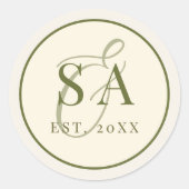 Olijfgroene ivoor monogram oude geld bruiloft ronde sticker (Voorkant)