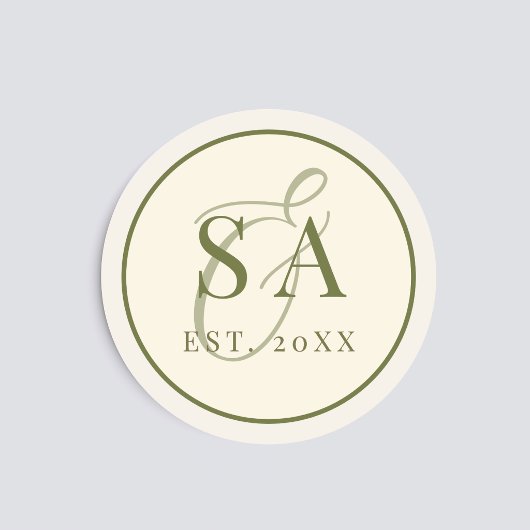Olijfgroene ivoor monogram oude geld bruiloft ronde sticker