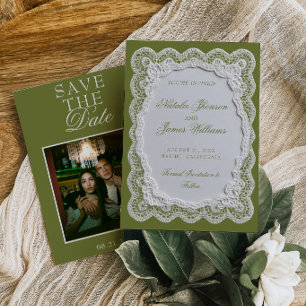 Olijfgroene Kanten Onderlegger Oude Geld Foto Brui Save The Date